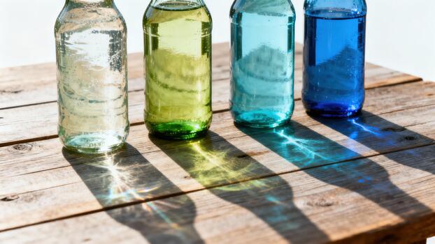 Four differently colored glass bottles cast elongated shadows and colorful light patterns onto a wooden surface in bright sunlight photo