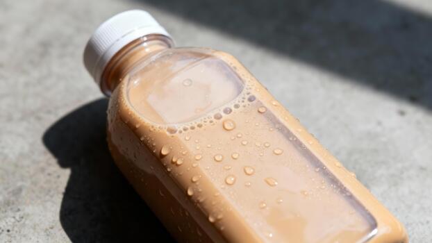 Chilled beverage in a clear plastic container rests on a textured outdoor surface under bright sunlight photo