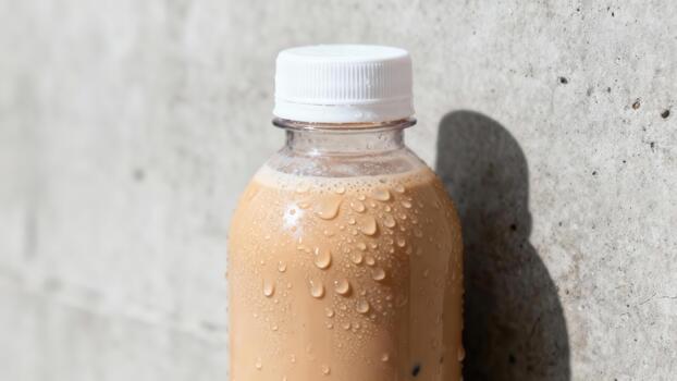 Chilled beverage in a clear plastic container rests against a textured, light gray surface in bright sunlight photo