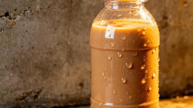 Refreshing iced beverage in a clear plastic container displays condensation droplets against a textured backdrop photo