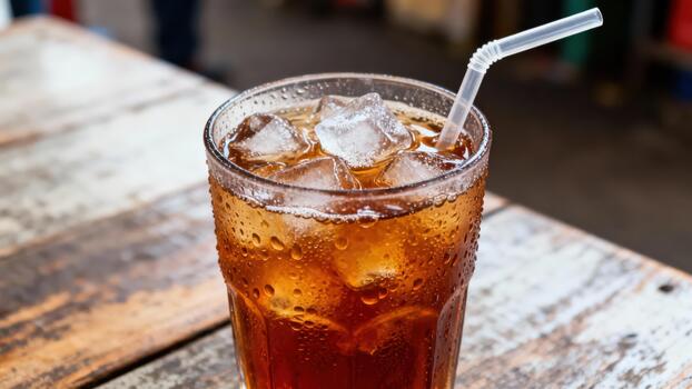 Refreshing dark beverage with ice cubes and a straw sits upon a textured wooden surface photo