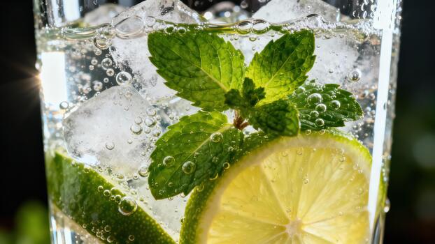 Refreshing carbonated beverage showcases vibrant lime slices and aromatic mint leaves with ice cubes photo