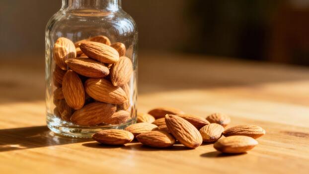 Shelled nuts fill a small glass container sitting on a wooden surface with others spilled beside it photo