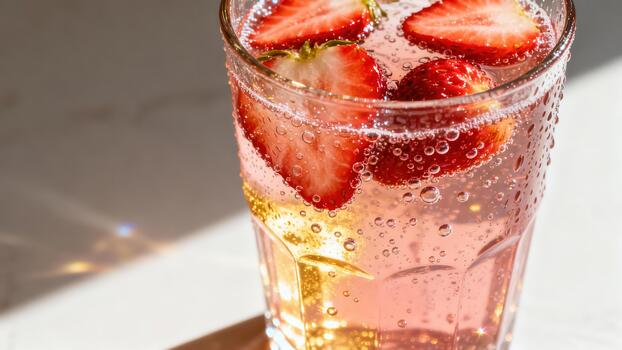 Effervescent pink beverage featuring sliced ripe strawberries floats within a textured glass container in bright sunlight photo