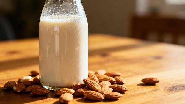 Refreshing dairy alternative beverage rests on a wooden surface surrounded by whole nuts photo
