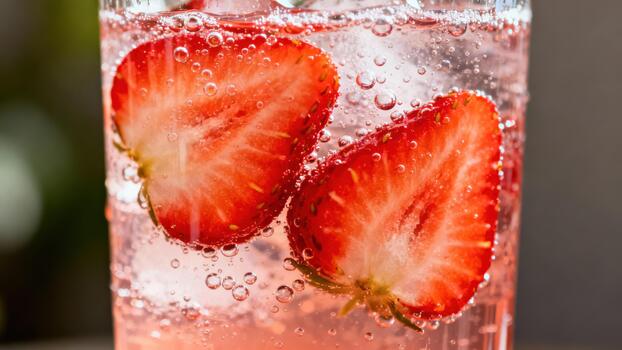 Refreshing pink beverage with fresh strawberry slices and ice submerged in bubbles photo