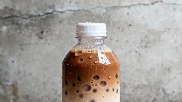 Refreshing chilled beverage sits in a clear container against a textured backdrop photo