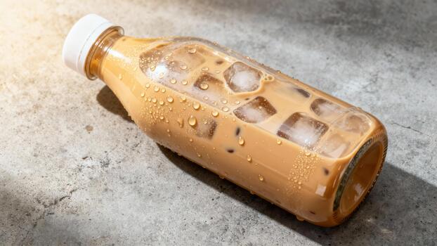 Chilled creamy beverage in a clear plastic container rests upon a textured surface under bright illumination photo