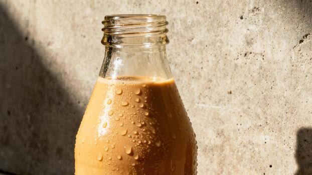 Refreshing beverage condensation clings to clear glass container against rough textured background. photo