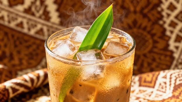 Iced sweetened beverage garnished with a vibrant green leaf sits on a patterned textile surface. photo