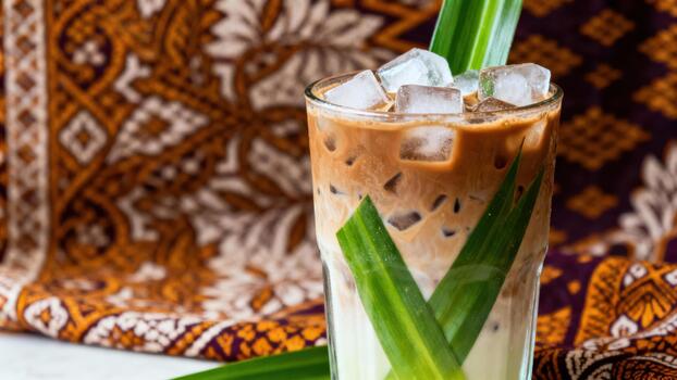 Layered iced coffee beverage features chilled liquid contrasting with a richly patterned textile background photo