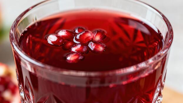 Deep red beverage garnished with floating fruit seeds fills a faceted drinking vessel. photo