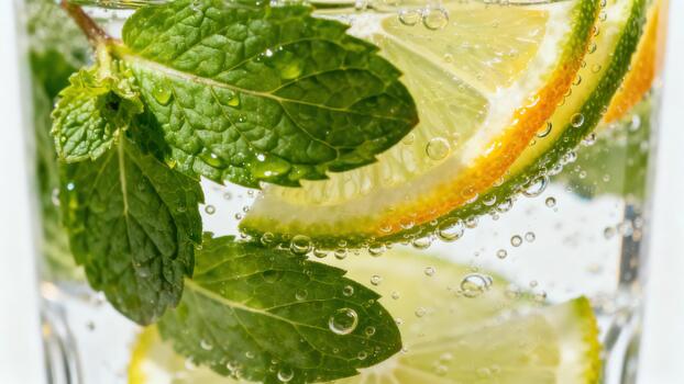 Fresh citrus slices and mint leaves float suspended in a clear, carbonated beverage. photo