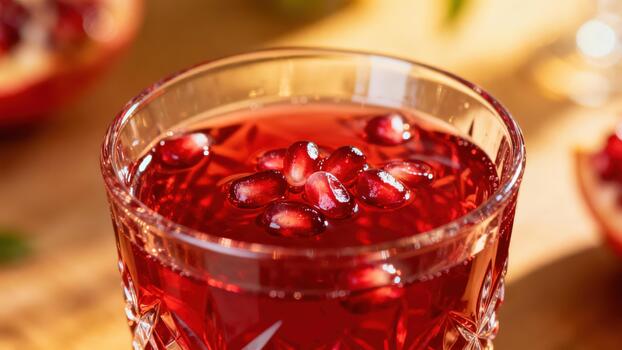 vibrante rubí líquido lleno con Fruta semillas descansa dentro un florido claro Bebiendo buque foto