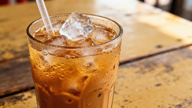 Tall glass filled with chilled beverage containing large ice cubes sits on a textured wooden surface photo