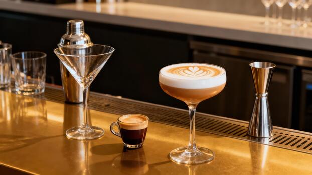 Assortment of freshly prepared coffee cocktails and bar tools displayed on a polished counter surface photo