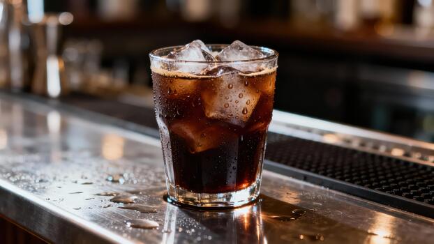 Refreshing dark beverage with ice cubes rests upon a wet metallic bar surface photo