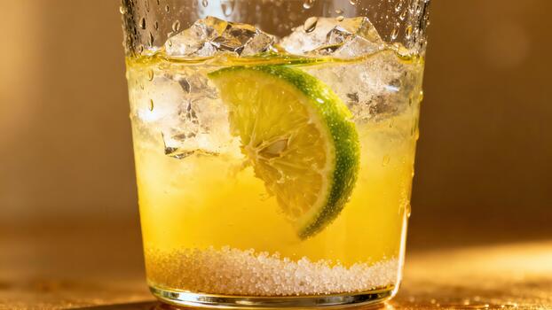 Refreshing citrus beverage rests in a tall glass filled with ice and crystalline sweetener photo