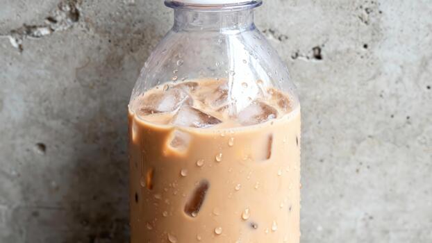Iced coffee beverage with milk contained in a clear plastic bottle against a textured backdrop photo