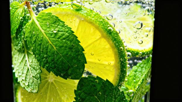 Fresh lime slices and mint leaves submerged in sparkling liquid show many tiny bubbles photo