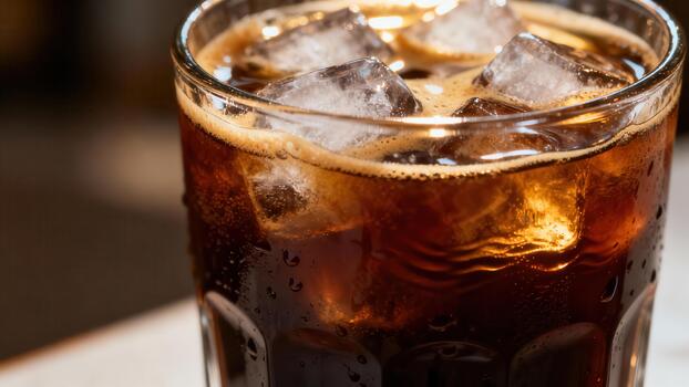 Refreshing dark beverage filled with clear ice cubes sits in a textured glass. photo