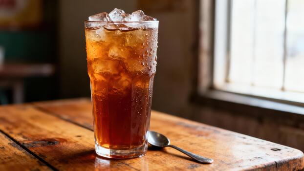 Tall chilled beverage with ice cubes rests upon a rustic wooden surface near a window photo
