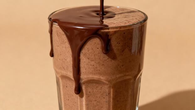 Rich brown beverage creation receives a cascade of melted dark confection across its surface. photo