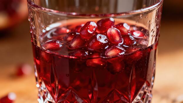 profundo rojo bebida con flotante Fruta semillas llena un corte de cristal vaso foto