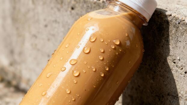 Cold, refreshing beverage in a clear container rests against a textured outdoor surface photo