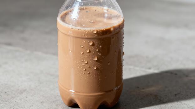 Refreshing chilled beverage in a clear plastic container sits upon a textured surface photo