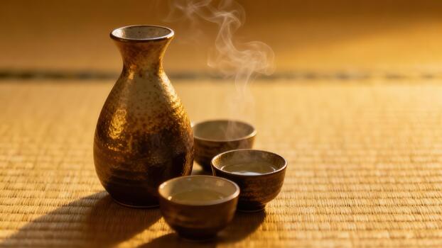 Steaming warm ceramic container with matching small cups rests on a textured woven surface photo