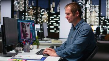 Media editor using AI program turning text prompt into photos, retouching technique. Graphic designer text to image artificial intelligence generator transforming words into pictures. Camera B. video