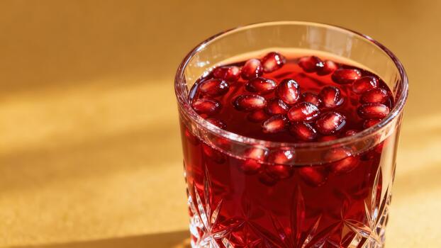 Deep red beverage garnished with fresh fruit seeds sits in a textured glass against a warm background. photo