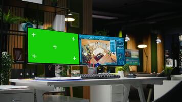 isolado croma chave tela Próximo para cafajeste Programas em múltiplo monitores, espaço usava para interior Projeto e chão plano planejamento através da arquitetônico programa com 3d remodelação. criatividade. video