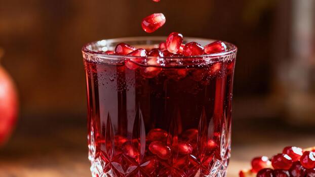 Deep red pomegranate seeds cascade into a crystal glass filled with rich juice photo