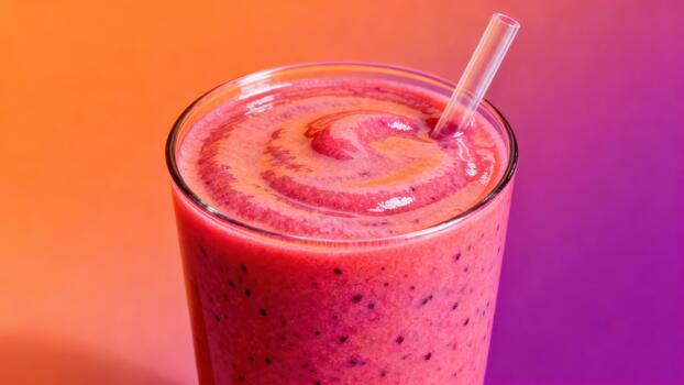 Blended fruit beverage swirls beautifully inside a clear glass with a straw against a gradient backdrop photo