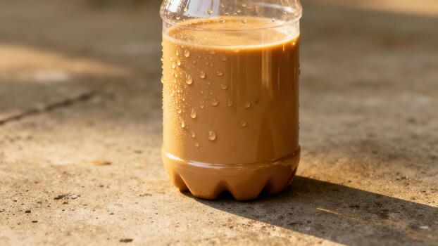 Cold beverage in a transparent container rests upon a textured outdoor surface illuminated by sunlight. photo