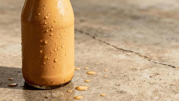 Chilled beverage in a clear glass container sits upon a textured concrete surface under bright sunlight photo