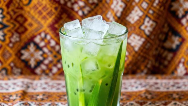 Tall glass filled with iced green beverage featuring floating gelatinous spheres and leaves is set against a richly patterned textile background photo