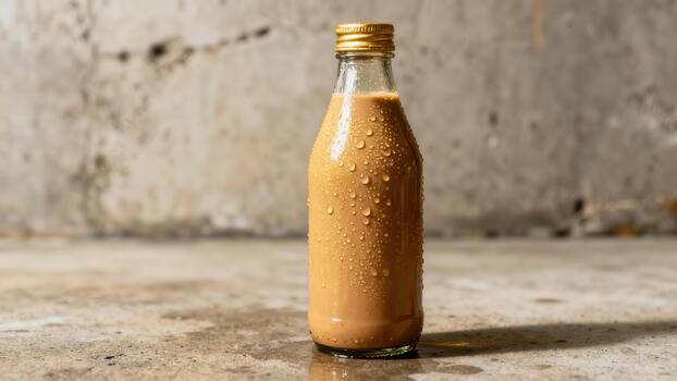 Chilled dairy beverage sealed in a glass container sits upon a concrete surface with a textured wall background photo