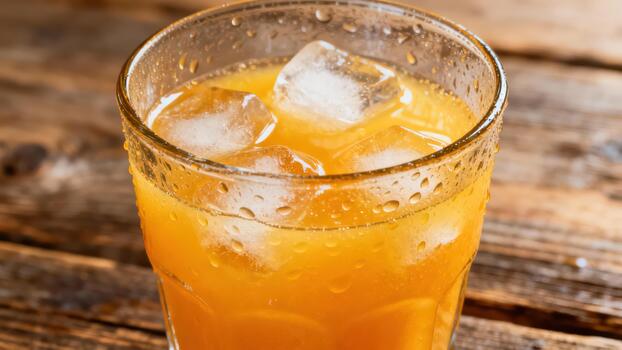 Chilled beverage with ice cubes shows condensation droplets clinging to the textured glass surface photo