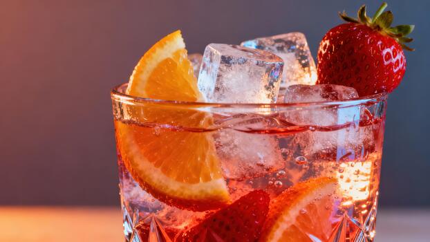 refrescante enfriado bebida adornado con agrios rebanadas y Fresco bayas descansa en un florido vaso foto