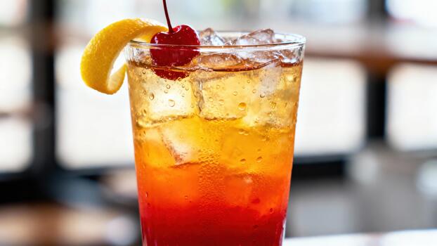 Chilled layered beverage with ice, citrus garnish, and fruit topping rests on a surface photo