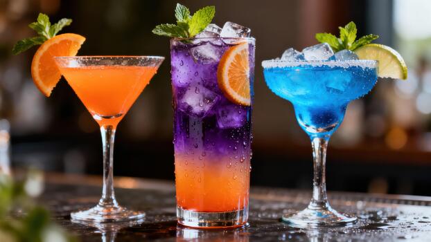 Three colorful, iced cocktails rest upon a wet bar surface ready for serving. photo