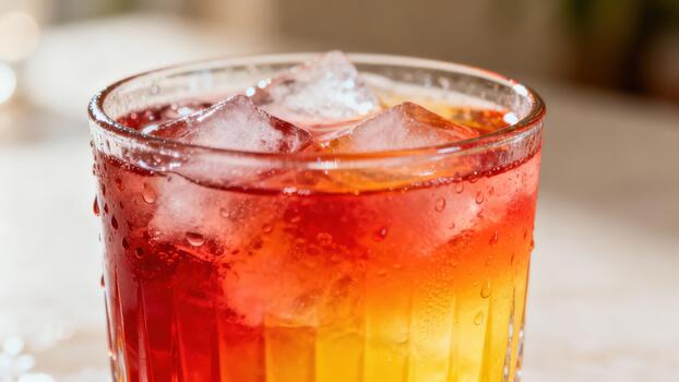 Chilled layered beverage with ice cubes displays vibrant red and orange hues inside a textured glass. photo