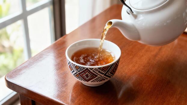 Hot beverage streams from a white ceramic vessel into a decorative patterned cup resting on a polished wooden surface near a window. photo