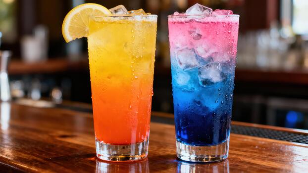 Two tall, colorful, layered chilled beverages rest upon a polished wooden bar surface photo