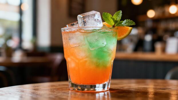 refrescante en capas mezclado bebida con hielo cubitos y agrios adornar descansa en un de madera mesa adentro foto