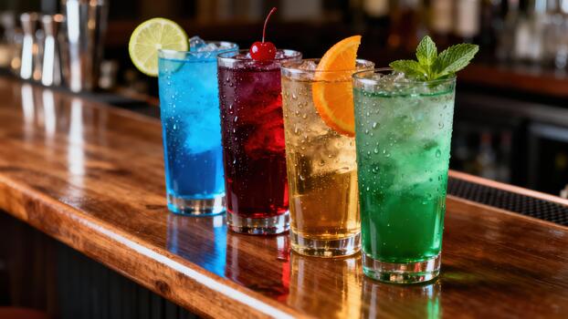 Four colorful chilled beverages with garnishes sit in a row on a polished wooden bar surface. photo