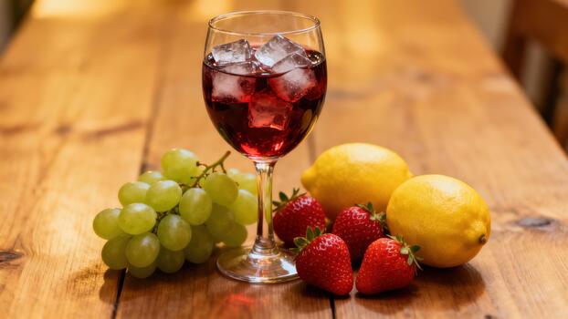 Chilled beverage with fresh fruit components rests upon a rustic wooden surface photo